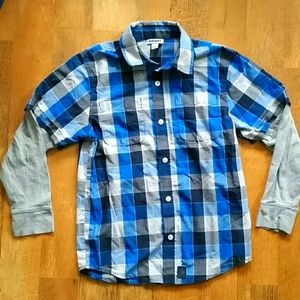 Old Navy Boys 2 Layer Blue and Grey Check Long Sleeve‎ Buttondown Shirt Size L